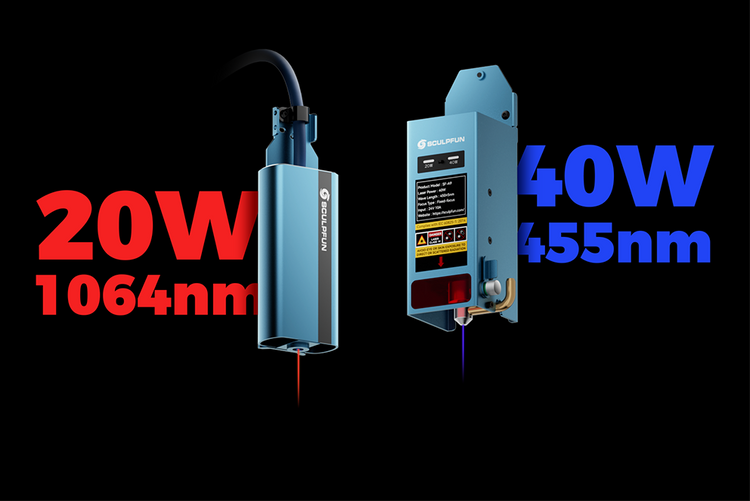 Two laser heads with power and wavelength specifications on a black background