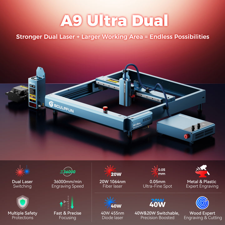 Sculptfun A9 Ultra Dual laser engraving machine on a dark background with text highlighting features.