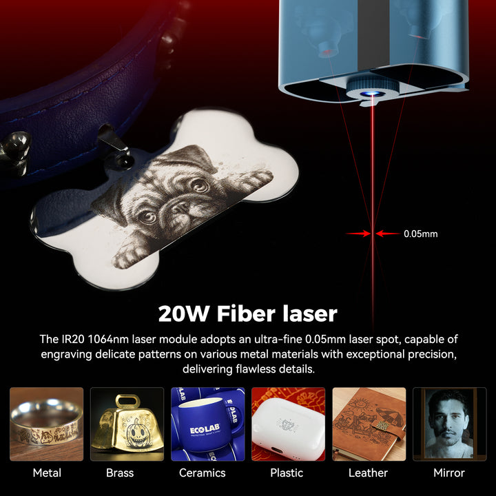 20W fiber laser module featuring a 0.05mm spot size, shown with a detailed dog portrait onto a metal tag. The image includes a list of its applications, such as metal, ceramics, plastics, leather and mirror..