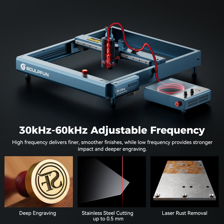 Sculptfun laser engraving machine A9 Ultra with 30kHz-60kHz adjustable frequency features on a dark background