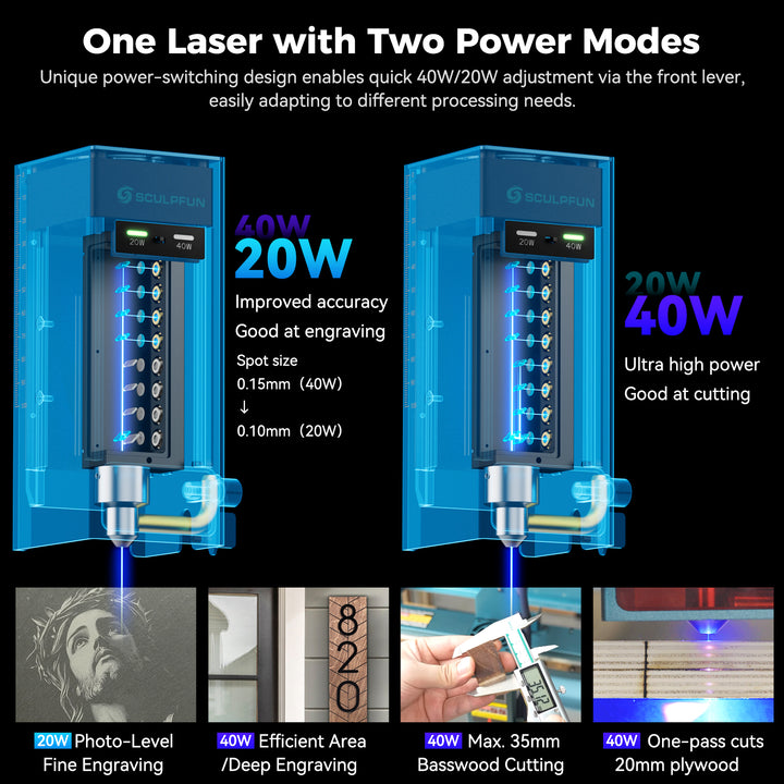 40W diode laser module attached to the A9 Ultra engraver. The display shows its adjustable power settings, demonstrating its versatility for applications under different power settings.
