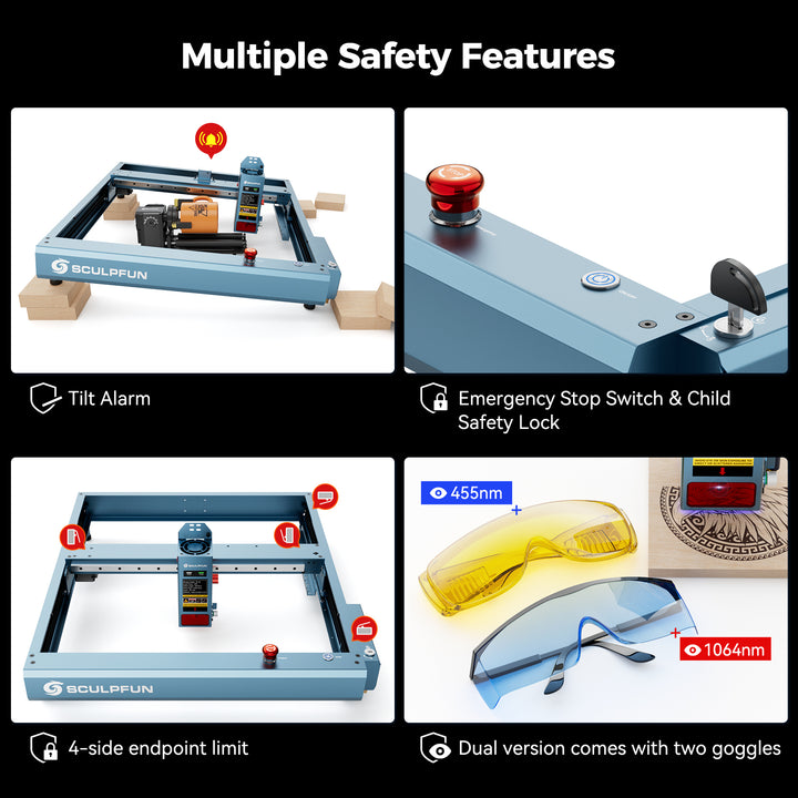 Sculpfun A9 Ultra laser engraver with safety features including tilt alarm, emergency stop switch, child safety lock, endpoint limit, and two goggles for the dual lasers.