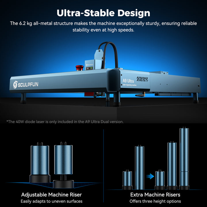 Sculptfun A9 Ultra engraving machine highlighting ultra-stable design and adjustable riser options.