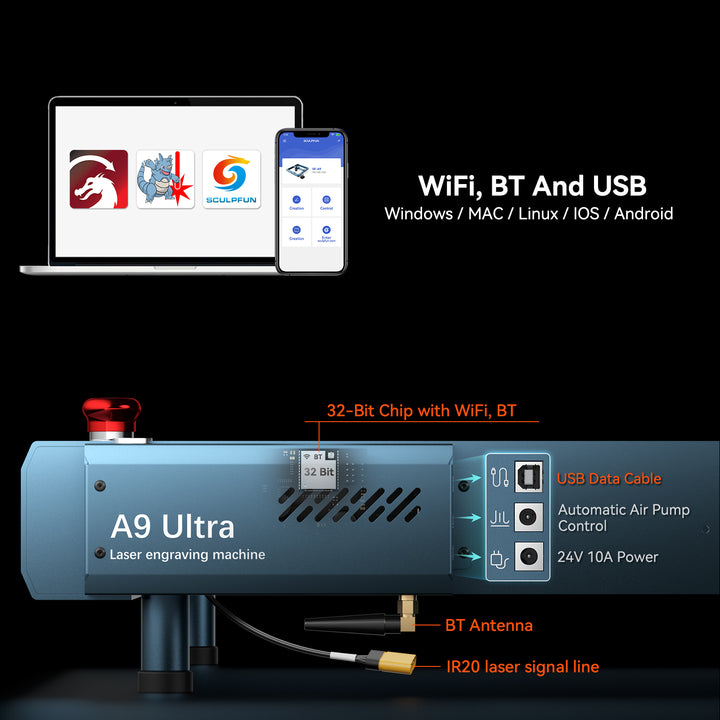 A9 Ultra laser machine with connectivity options on a black background