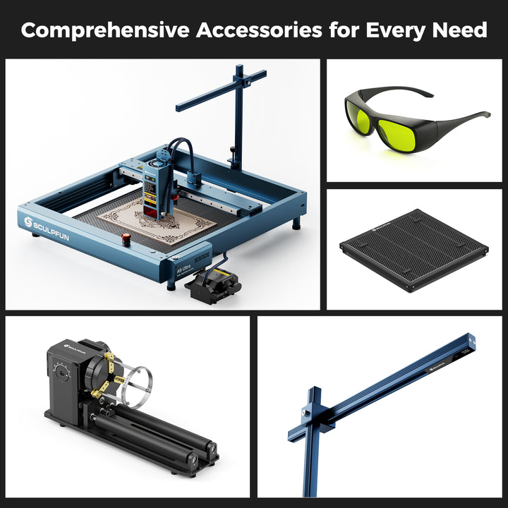 Collage of A9 Ultra laser machine and accessories it works with.