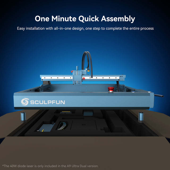 Sculpfun laser cutting machine with text about quick assembly on a blue background