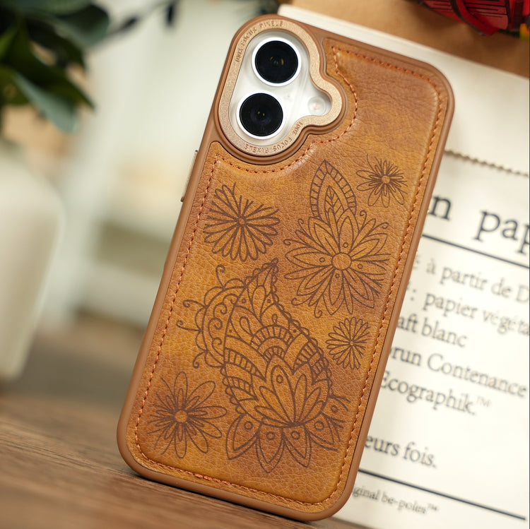 Brown leather phone case with floral patterns laser engraved by ci mini 