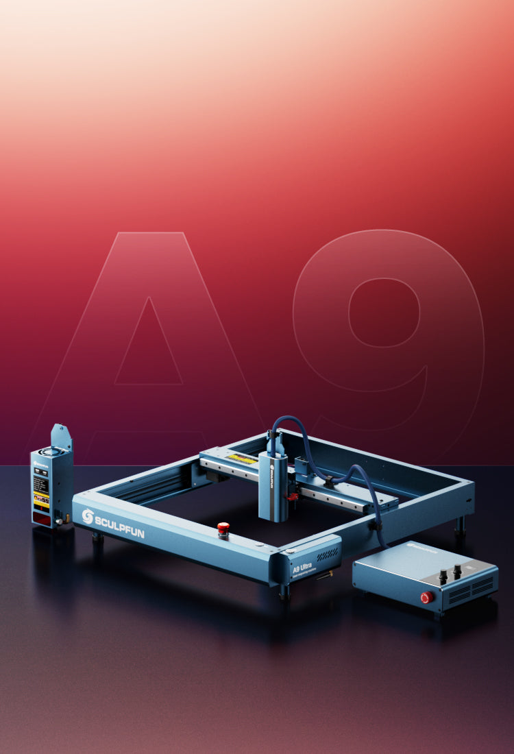 A9 ultra dual laser machine on a gradient red and blue background