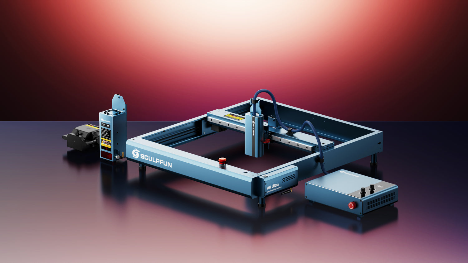 A9 ultra dual laser machine on a gradient red and blue background