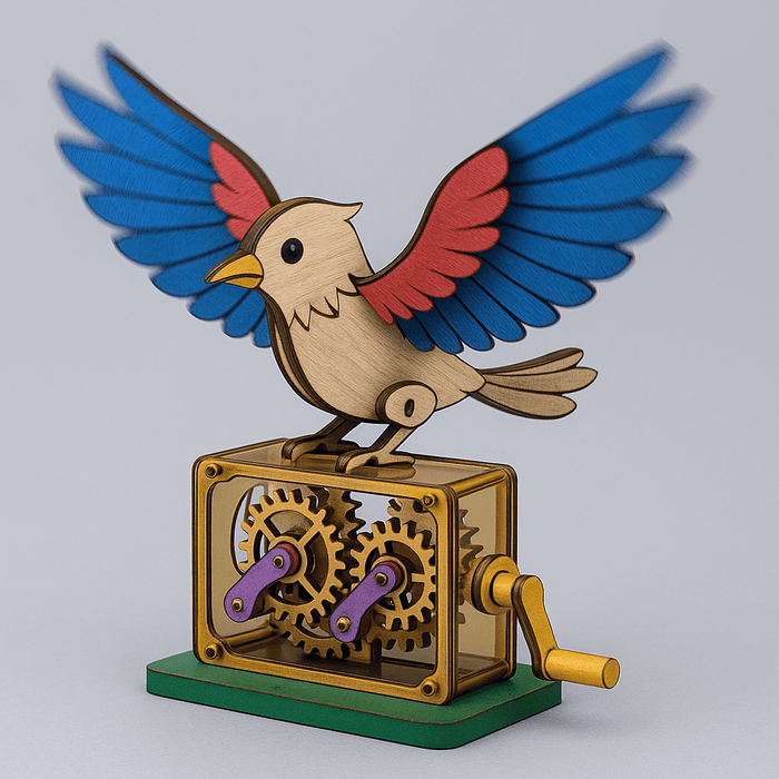 Wooden bird with mechanical gears made of multicoloured wood