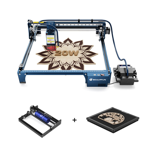 SCULPFUN S30 Pro Max 20W Laser Engraver + Rotary Roller + H3 40*40cm Honeycomb Panel