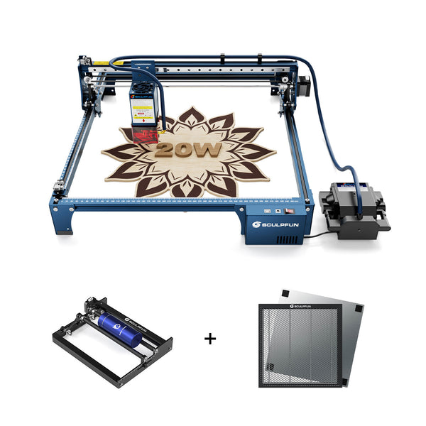 SCULPFUN S30 PRO MAX 20W ENGRAVER LASER + ROLER ROTARIO + PANEL DE Honeycomb de 40*40 cm