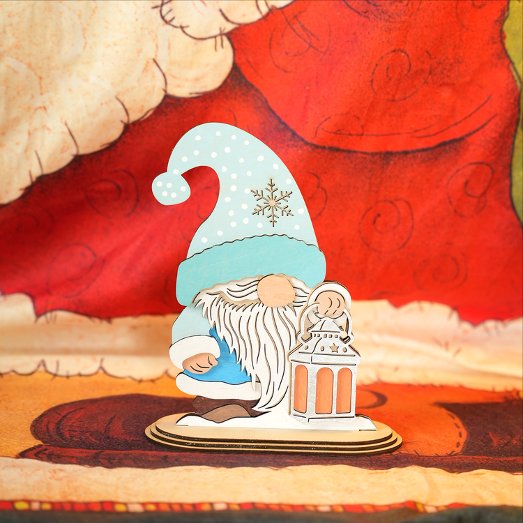 Sculpfun S40 Max laser cut wooden gnome figurine with blue hat and lantern for home decor